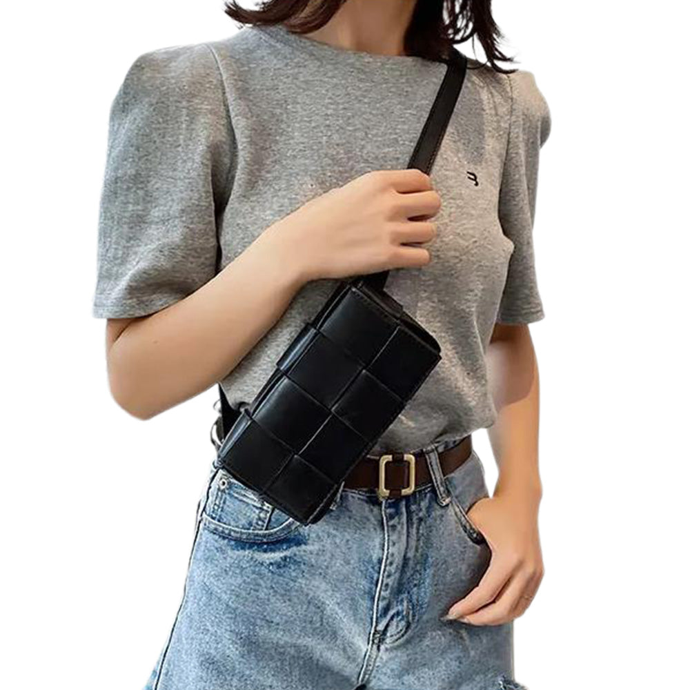 PU Leather Woven Style Crossbody Bag Small Shoulder Fanny Pack for Women Black