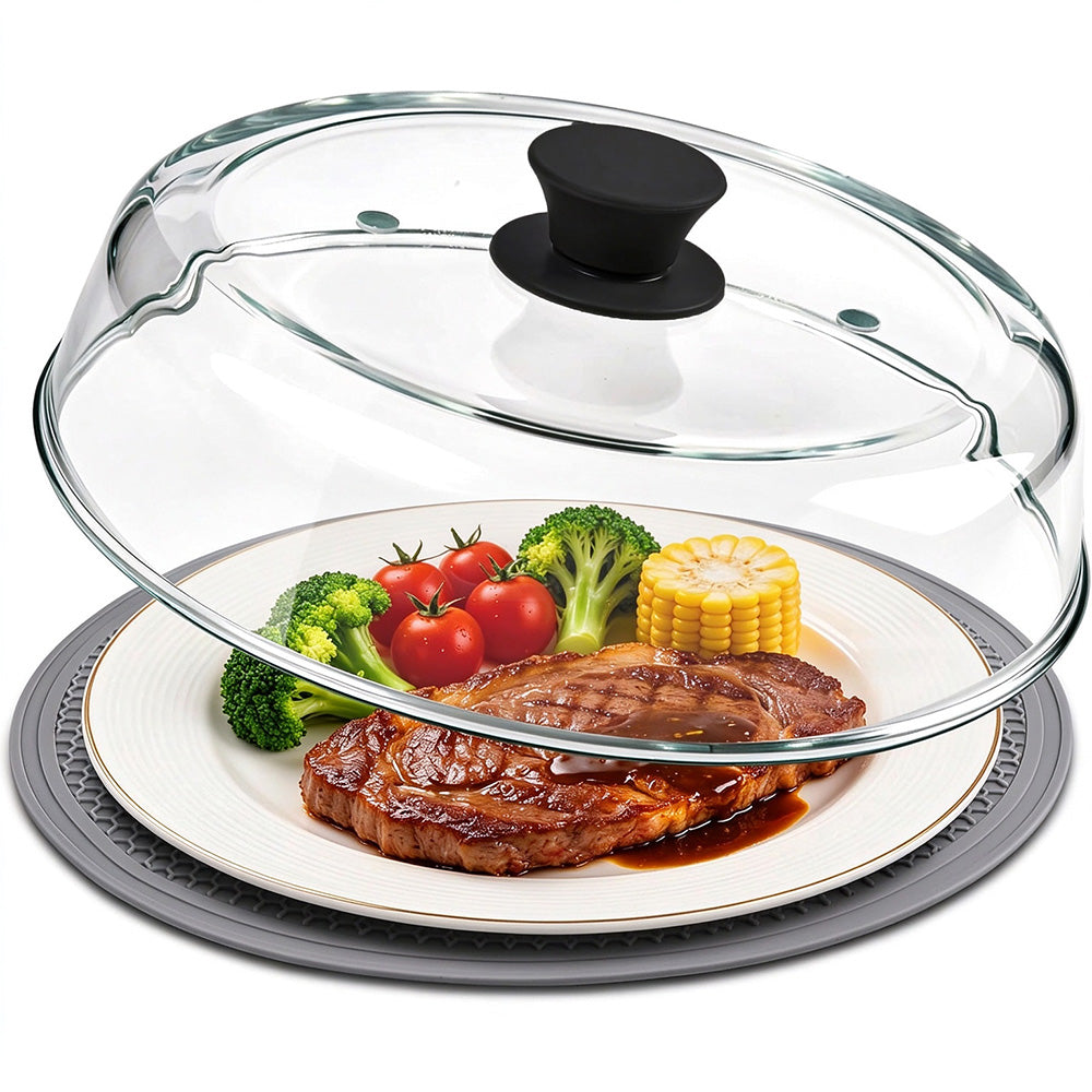 Glass Food Cover Microwave Splatter Guard Serving Dome with Silicone Trivet Grey