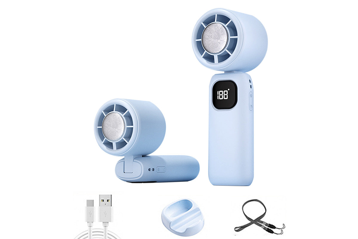 100 Speeds Digital Display Cooling Fan USB Fan with Lanyard and Phone Holder Base-Blue