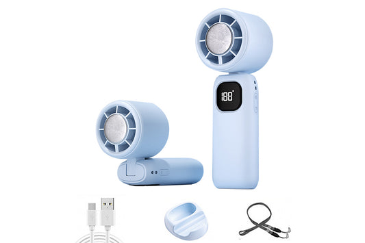 100 Speeds Digital Display Cooling Fan USB Fan with Lanyard and Phone Holder Base-Blue