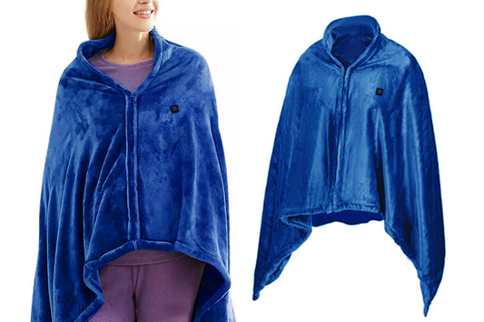 Portable Heated Blanket USB Charging Plush Warm Shawl Wearable for Home Office -Blue