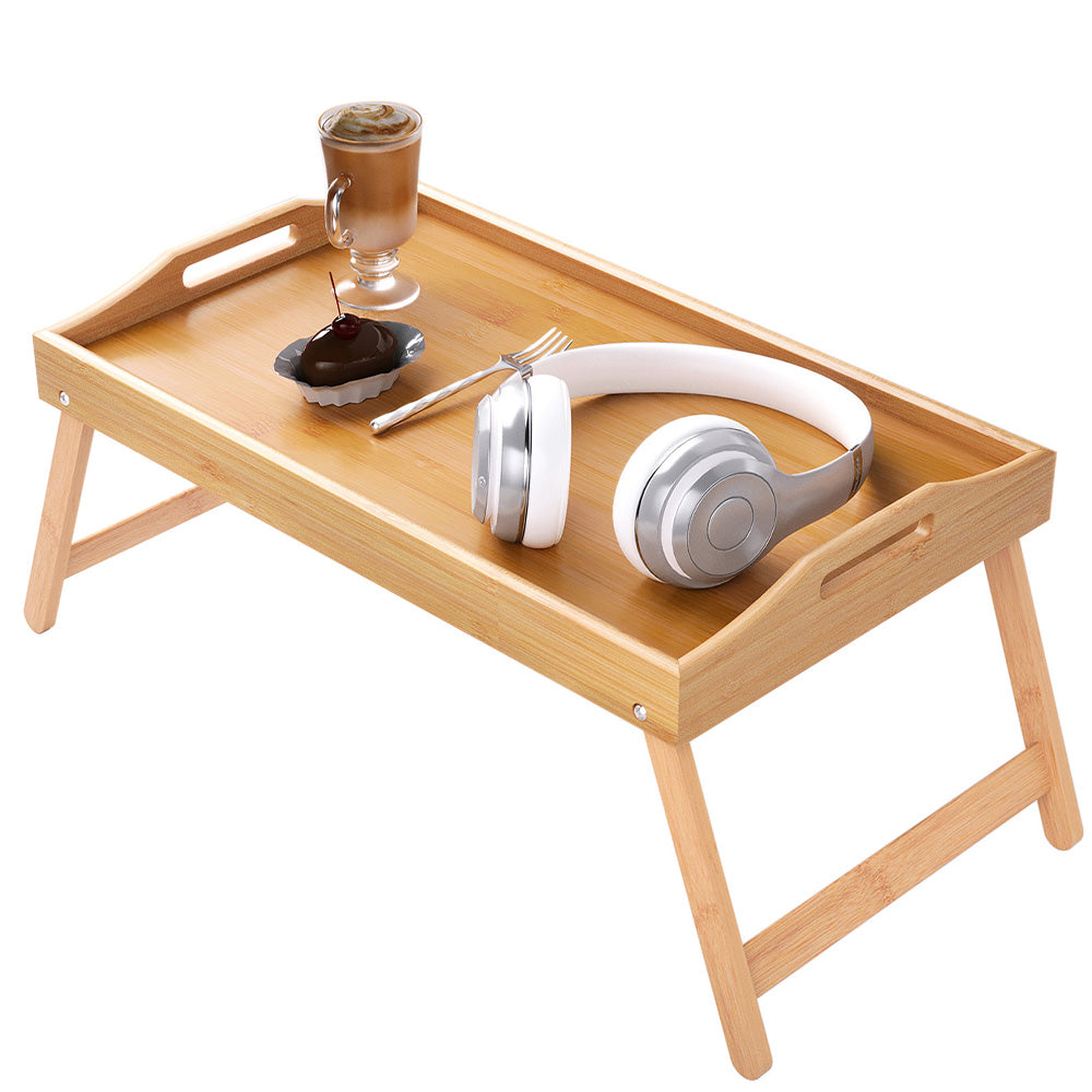 Mini Folding Bamboo Table Laptop Desk Multipurpose Side Tea Tray-Wood Color