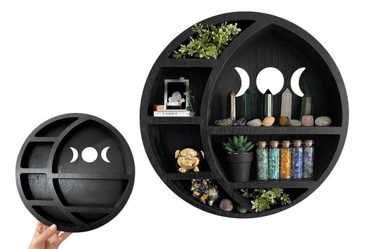 Wooden Shelf Halloween Crystal Display Shelf Decor-Round Moon