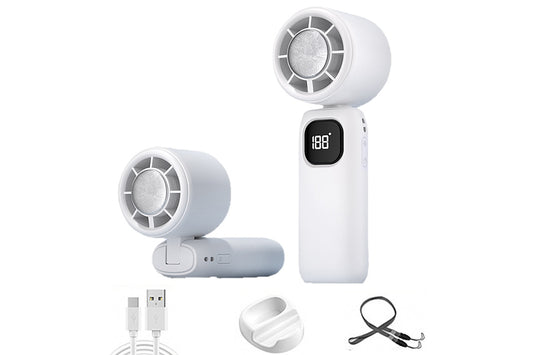 100 Speeds Digital Display Cooling Fan USB Fan with Lanyard and Phone Holder Base-White