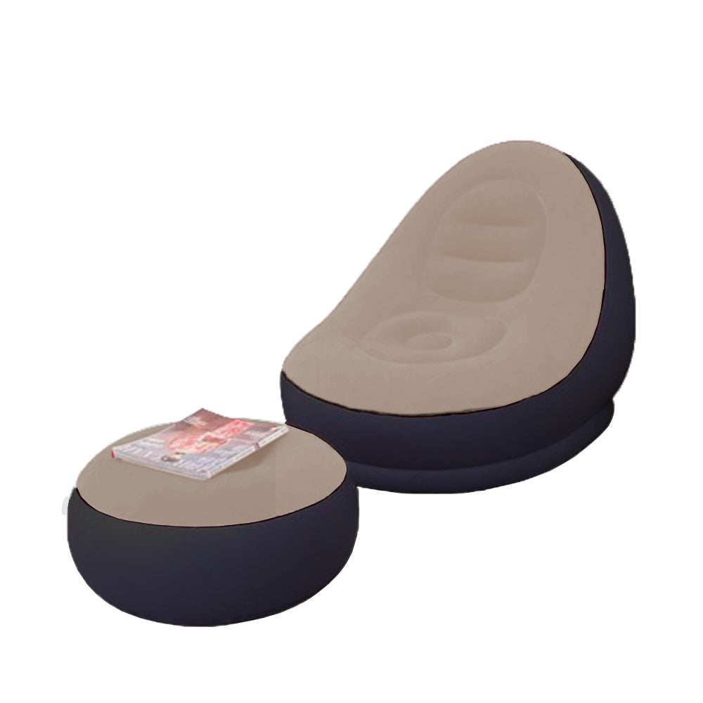 Inflatable Sofa Couch and Footrest Set Flocking Blow Up Couch Chair Set for Camping Balcony Bedroom Grey