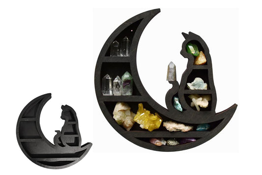 Wooden Shelf Halloween Crystal Display Shelf Decor-Cat in the Moon