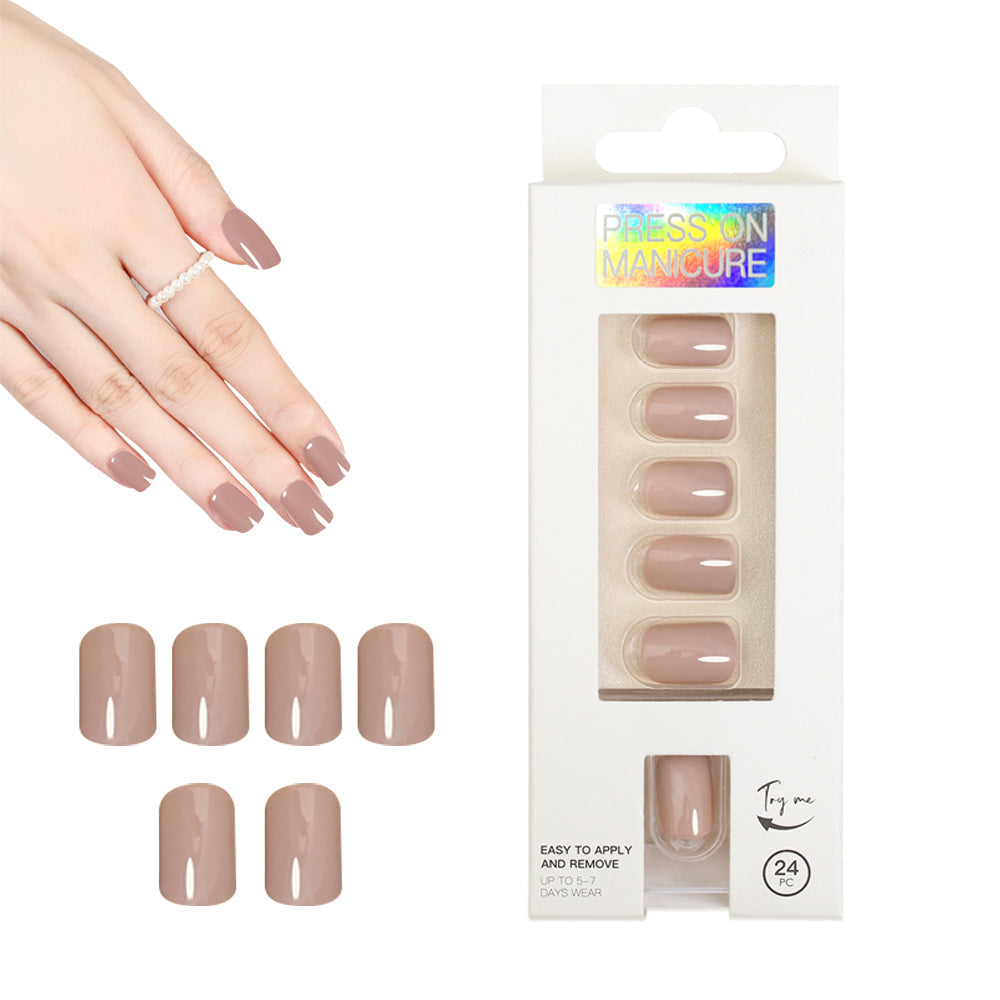 Set of 24Pcs Press On Nails Solid Color Self-Adhesive Fake Nails Khaki
