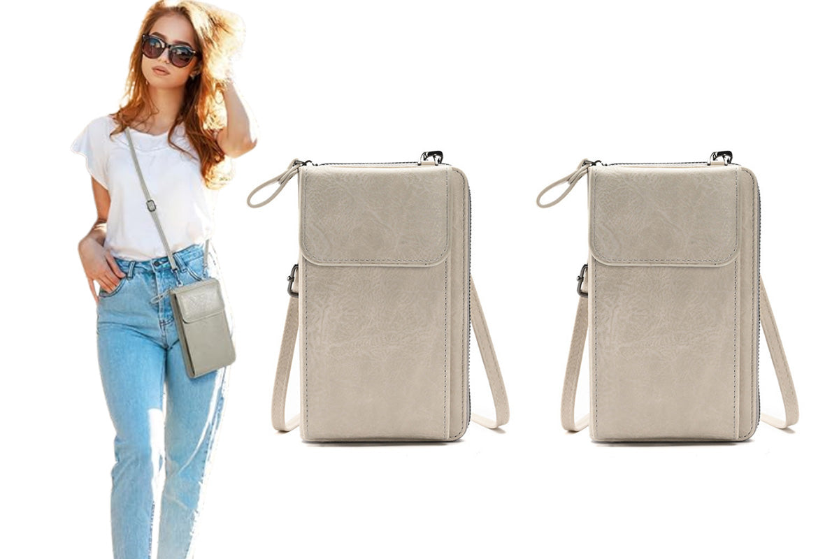PU Leather Women Pouch Bag Mobile Phone Bag Crossbody Purse Wallet Shoulder Bag-Light Grey