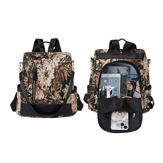 Printed Anti-theft Backpack Multifunctional Large Capacity Travel Bag Brown