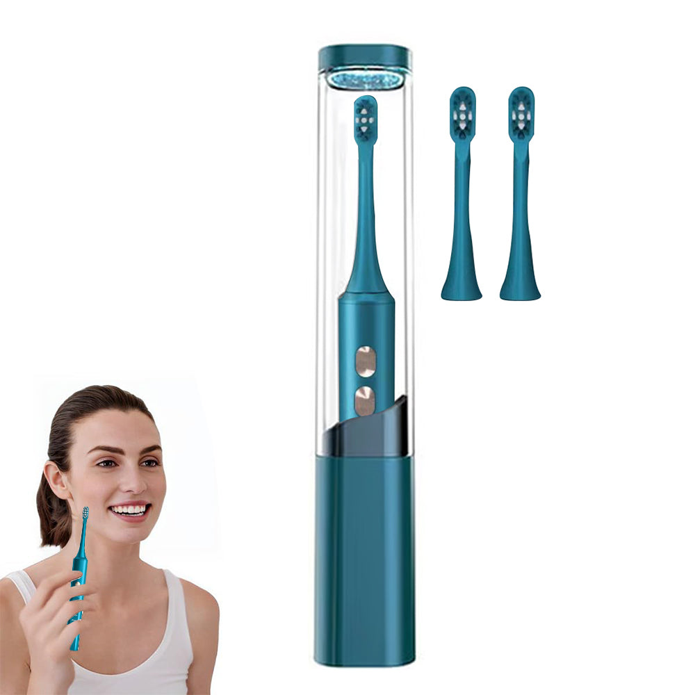 Travel Electric Toothbrush Self-Cleaning Vibration Toothbrush with 2Pcs Replacement Brush Head and Disinfection Storage Case Green