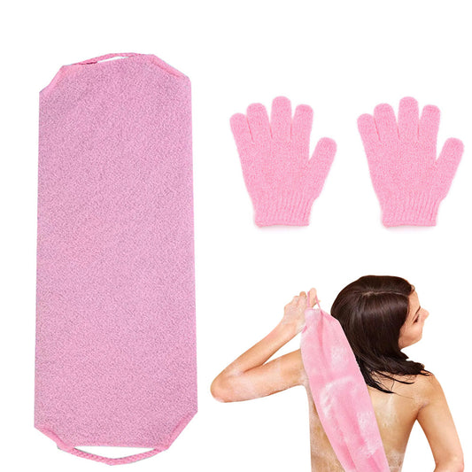 Exfoliating Shower Bath Gloves Back Scrubber Set for Body Face Dead Skin Removing Pink
