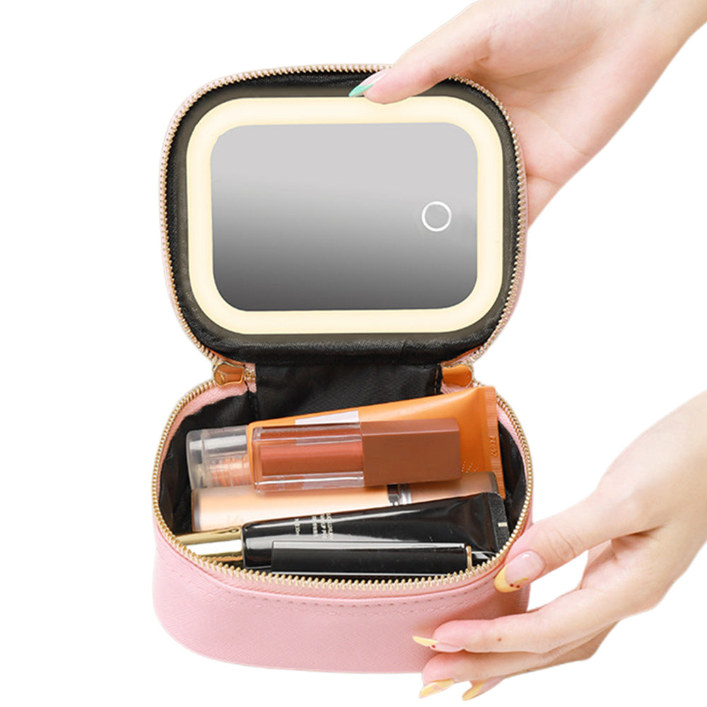 Small Makeup Bag Travel Case with Mirror and Adjustable Light Stylish for Travel Pink