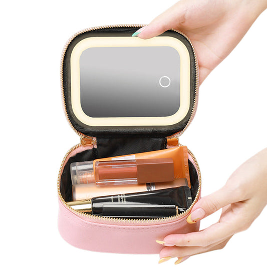 Small Makeup Bag Travel Case with Mirror and Adjustable Light Stylish for Travel Pink