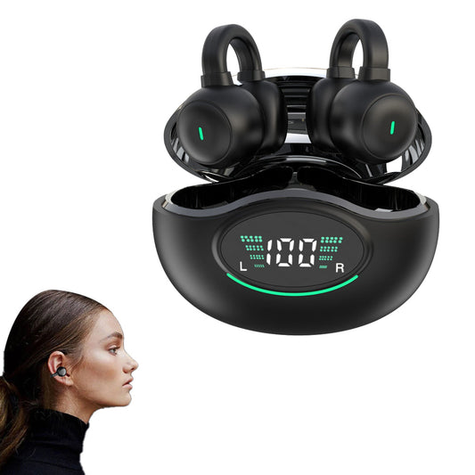 Bluetooth 5.3 Ear Clip Headphones Wireless Sports Earbuds with LED Display Charging Case Black