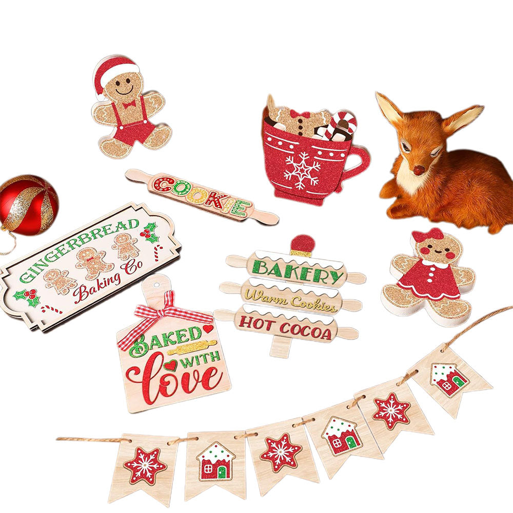 13Pcs Christmas Wooden Sign for Tiered Tray Gingerbread Man Xmas Tabletop Signs Decor