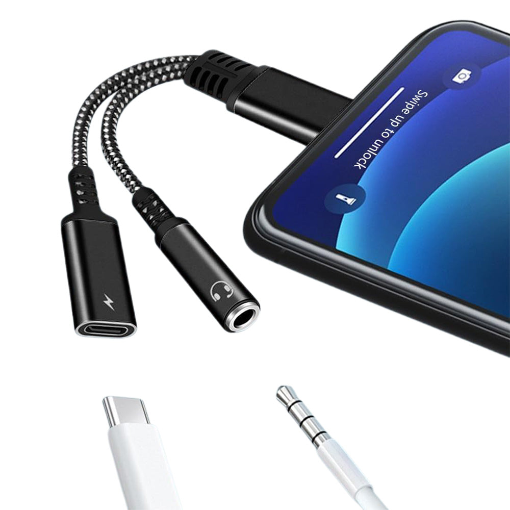 2-in-1 Type-C Audio and Charging Adapter for USB-C Devices with 30W Fast Charge Black