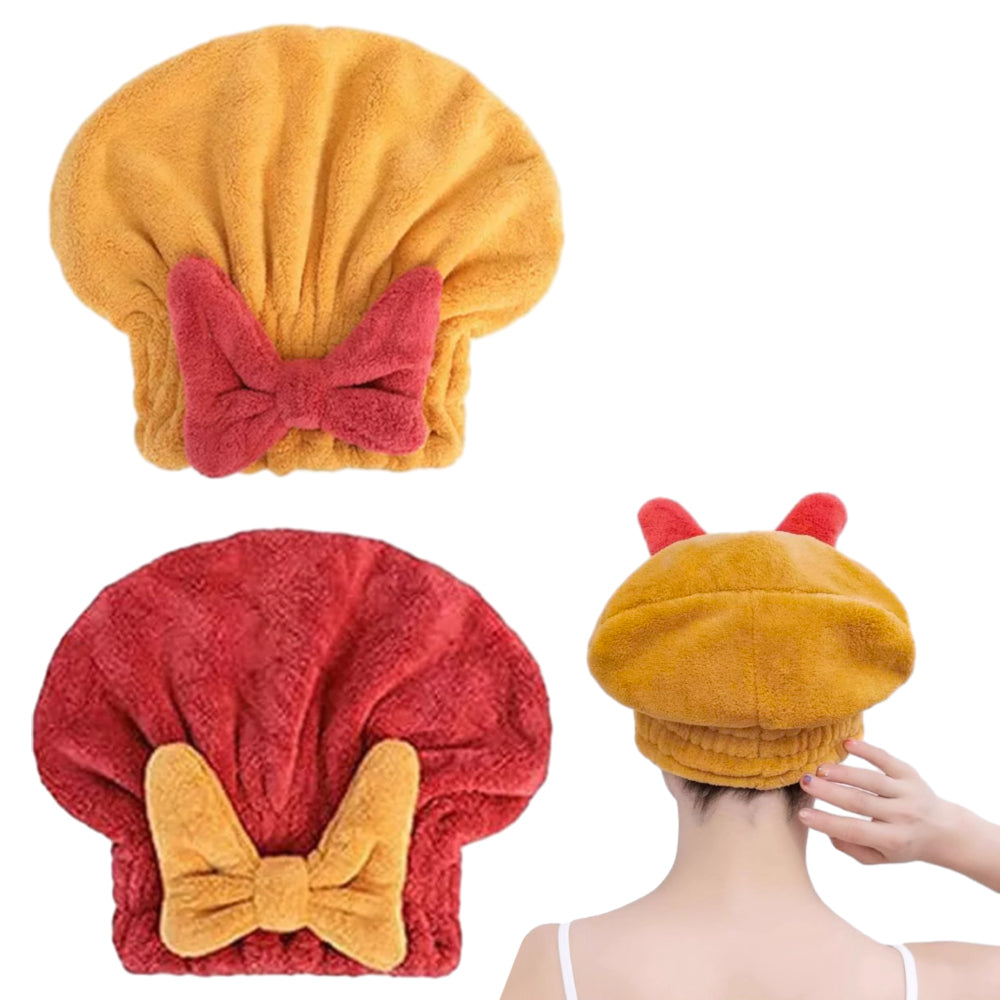 2Pcs Set Quick Absorbent Drying Hair Caps with Bow-Knot Hair Turban Wrap for Women Style 1