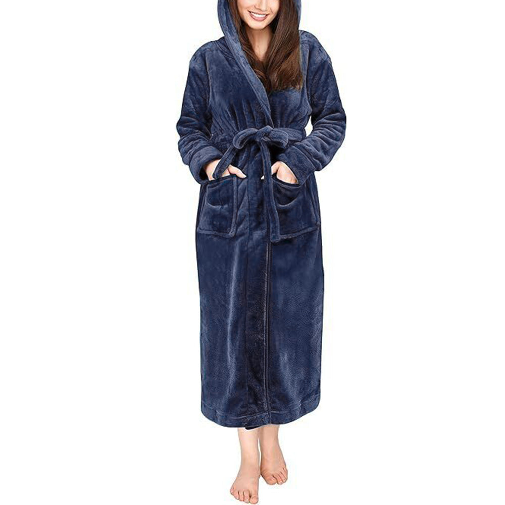 Warm Hooded Bathrobe Long Cozy Spa Hoodie Robes for Ladies  Navy