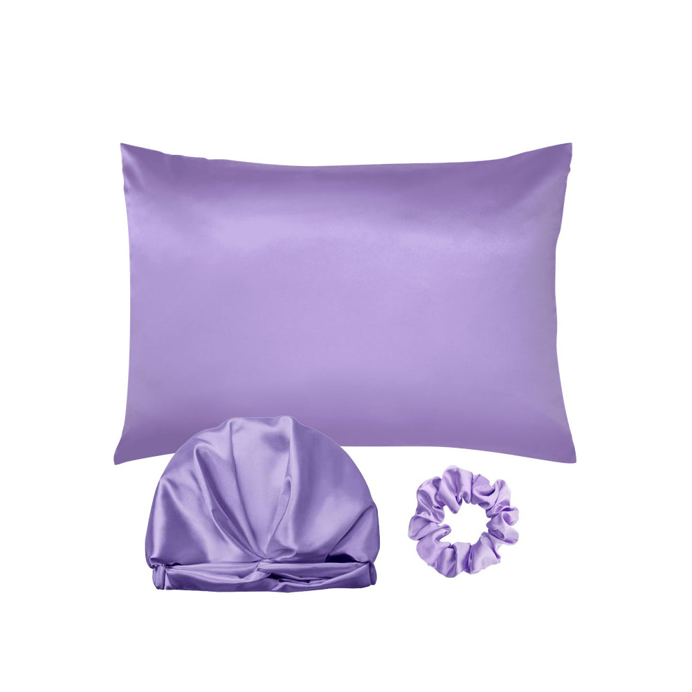 Simulated Silk Standard Pillow Case with Sleeping Bonnet Hair Scrunchy for Hair and Skin Protection Purple
