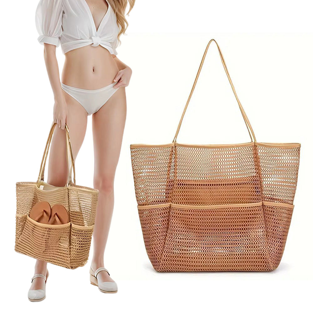 Beach Mesh Tote Bag Womens Shoulder Handbag Grocery Bag Brown