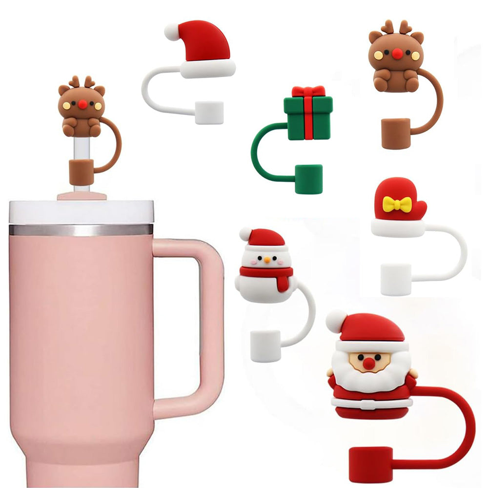 6Pcs 10mm Christmas Straw Cover Cap for Stanley Cup Straw Topper Reusable Straw Tips Lids Xmas Party Decor