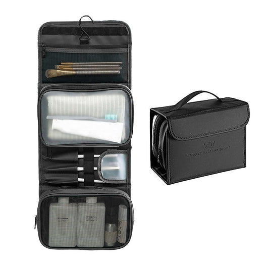 PU Leather Multifunctional Toiletry Bag Hanging Travel Organizer Makeup Cosmetic Case Black