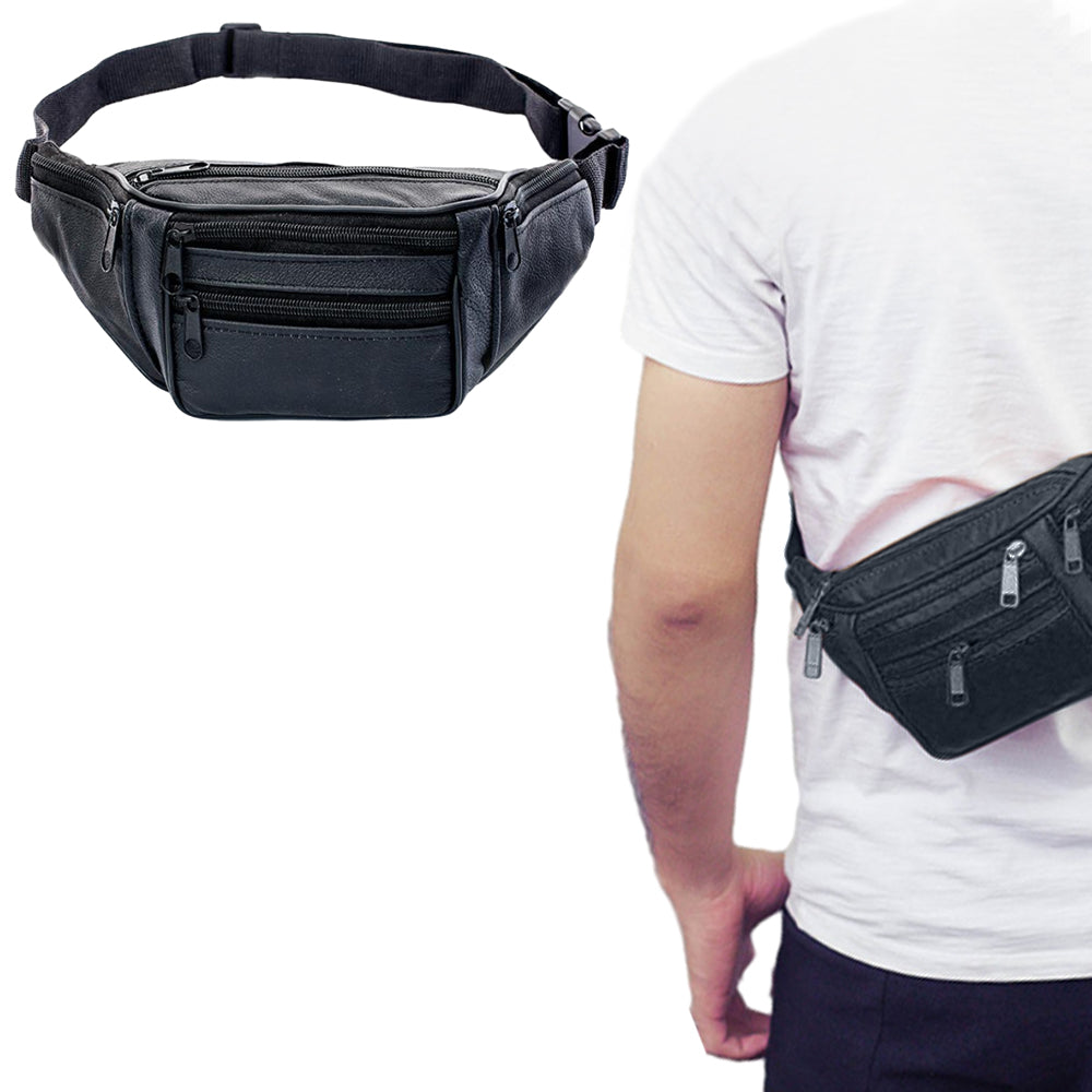 Multi-pocket Fanny Pack Leather Waist Bag Bum Bag Black