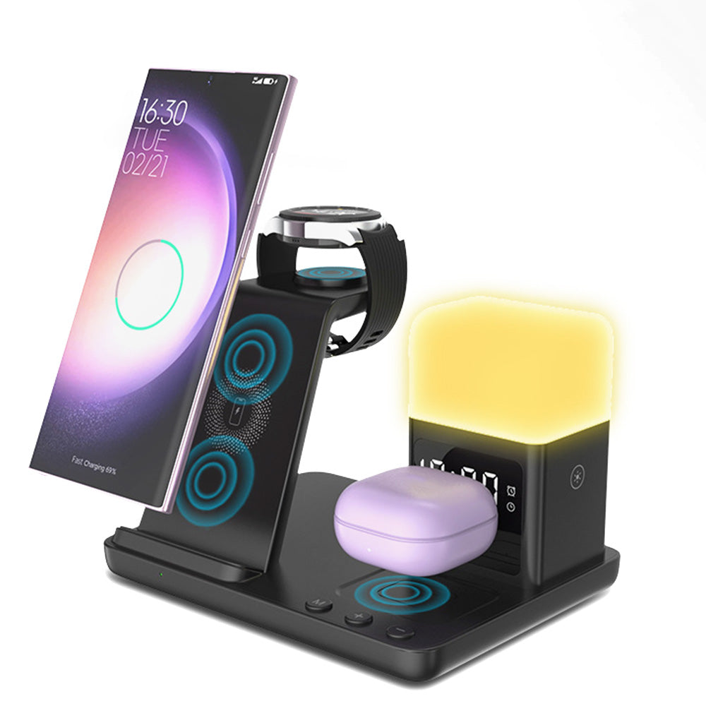 6-in-1 Wireless Charging Station for Multiple Devices with Alarm Clock and Night Light for Samsung Devices