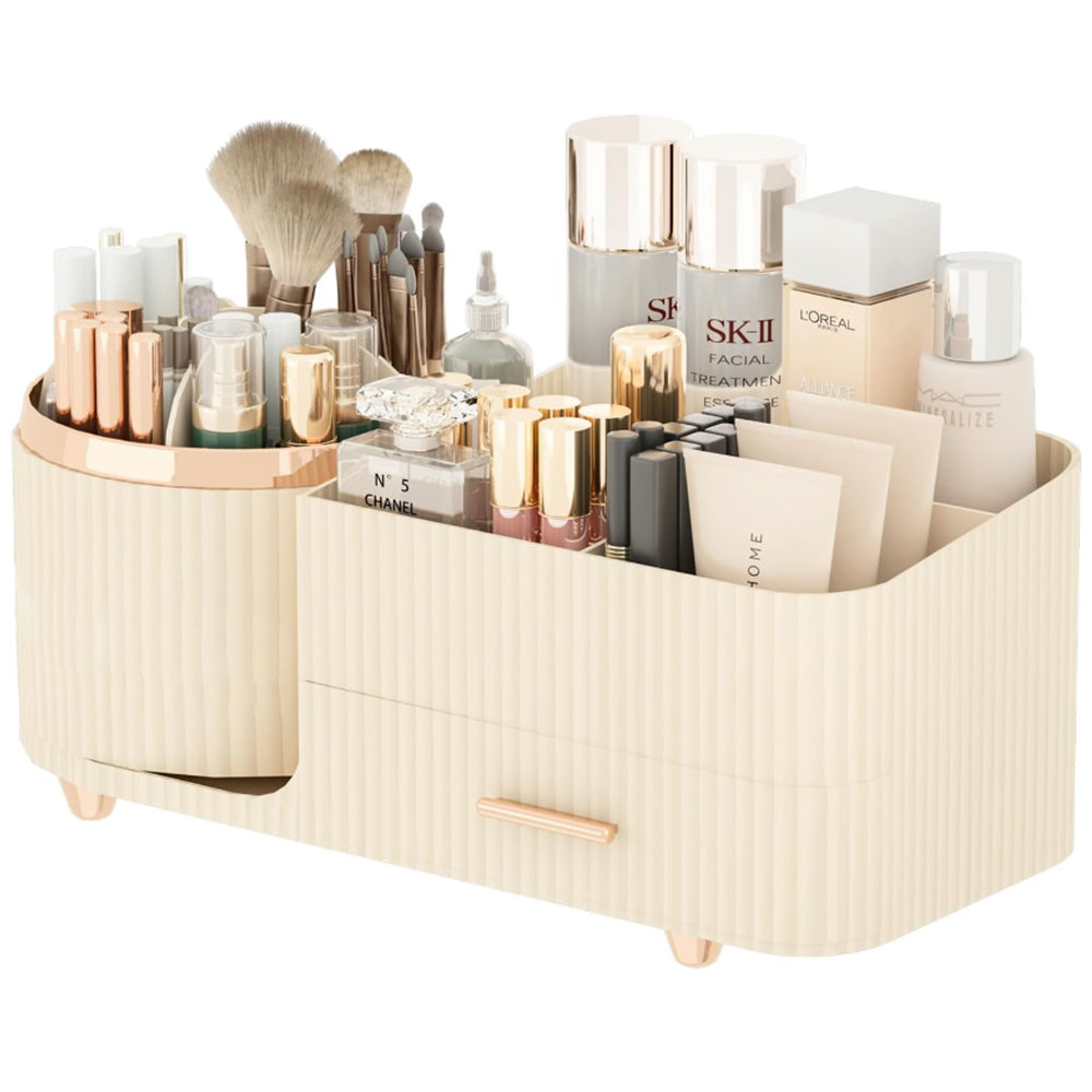 Rotating Makeup Organizer for Vanity with Brush Holder and Drawer Spinning Cosmetic Storage Case Beige
