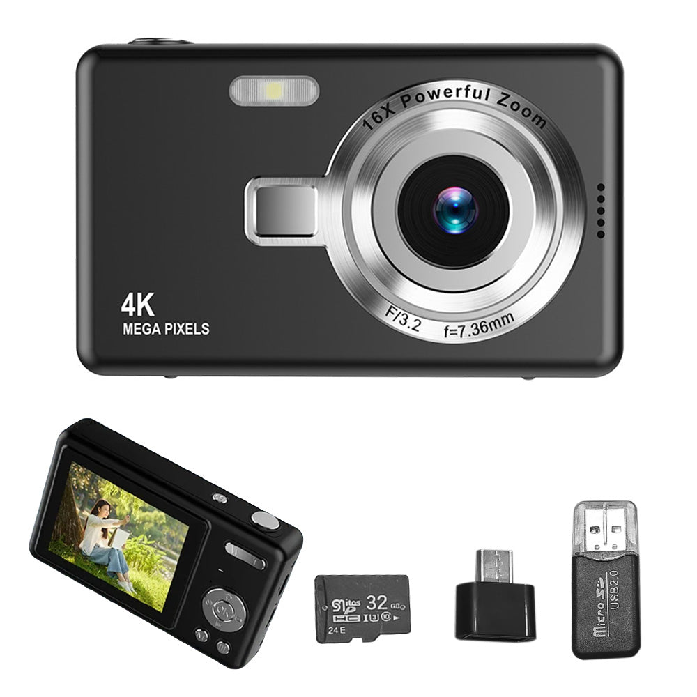 4K HD 1080P Digital Camera Retro Video Camera for Kids Beginners with 32GB TF Card Black