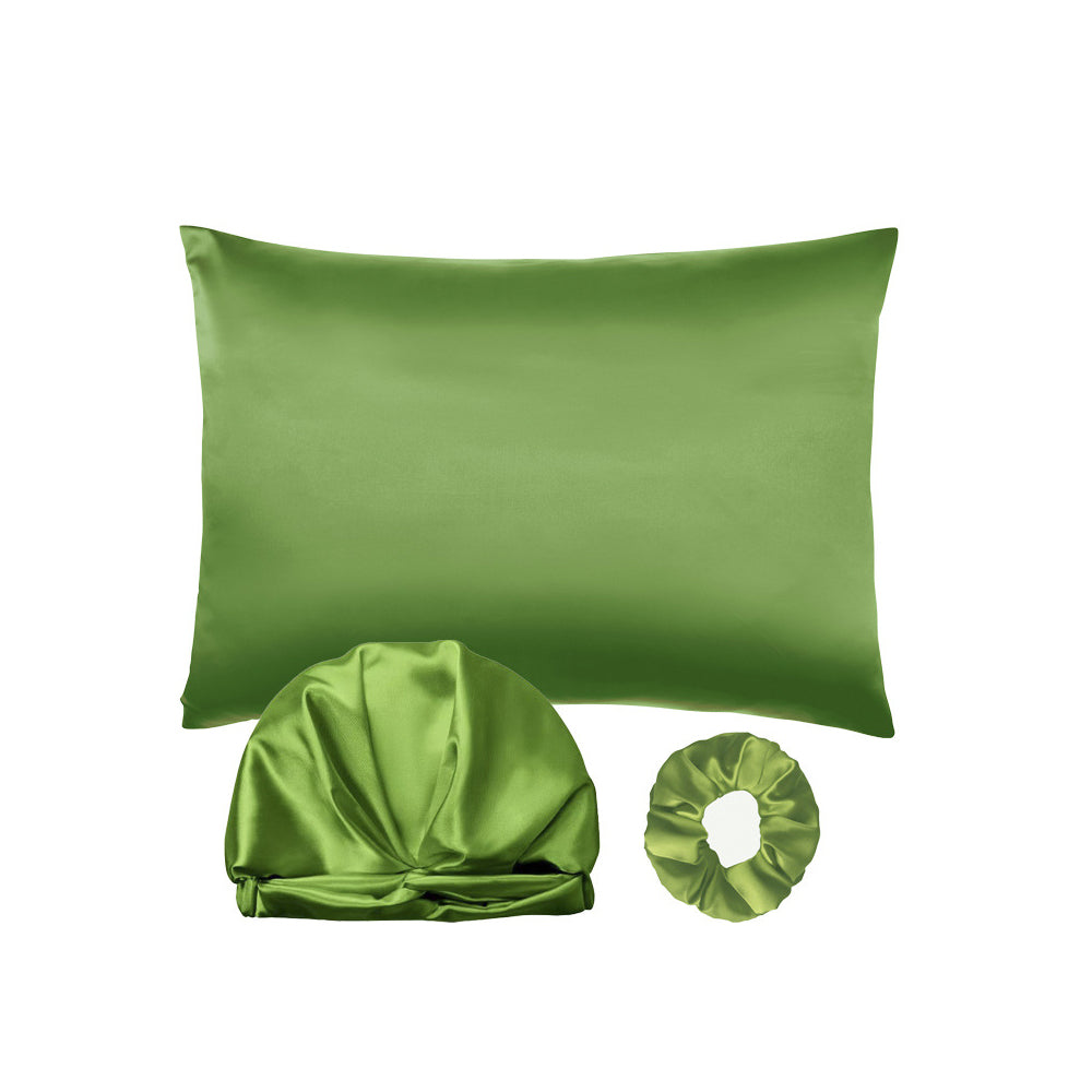 Simulated Silk Standard Pillow Case with Sleeping Bonnet Hair Scrunchy for Hair and Skin Protection Green