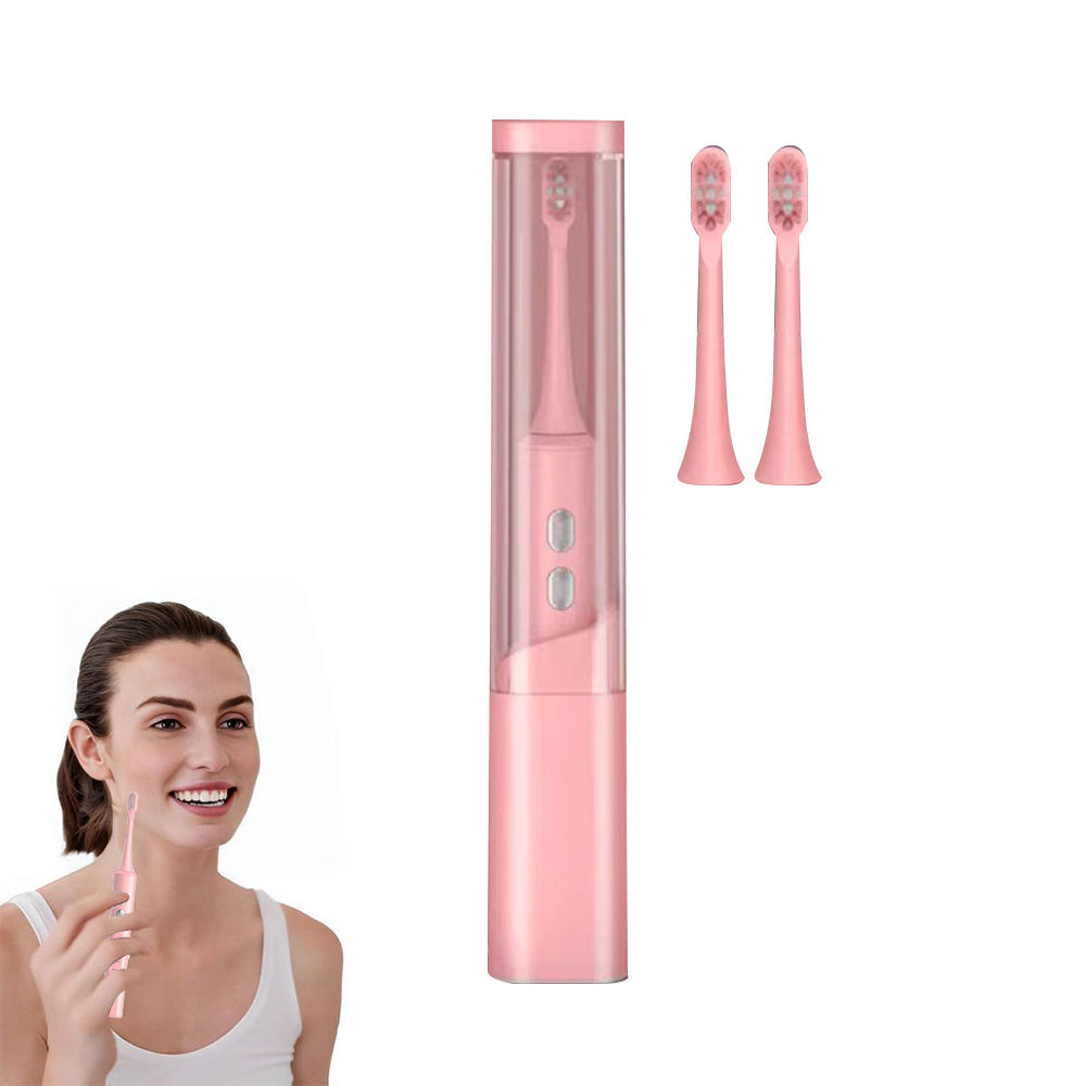 Travel Electric Toothbrush Self-Cleaning Vibration Toothbrush with 2Pcs Replacement Brush Head and Disinfection Storage Case Pink