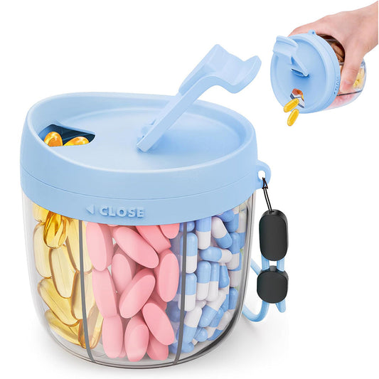7-Compartment Pill Organizer Bottle with Handle & Rotating Lid for Travel Blue