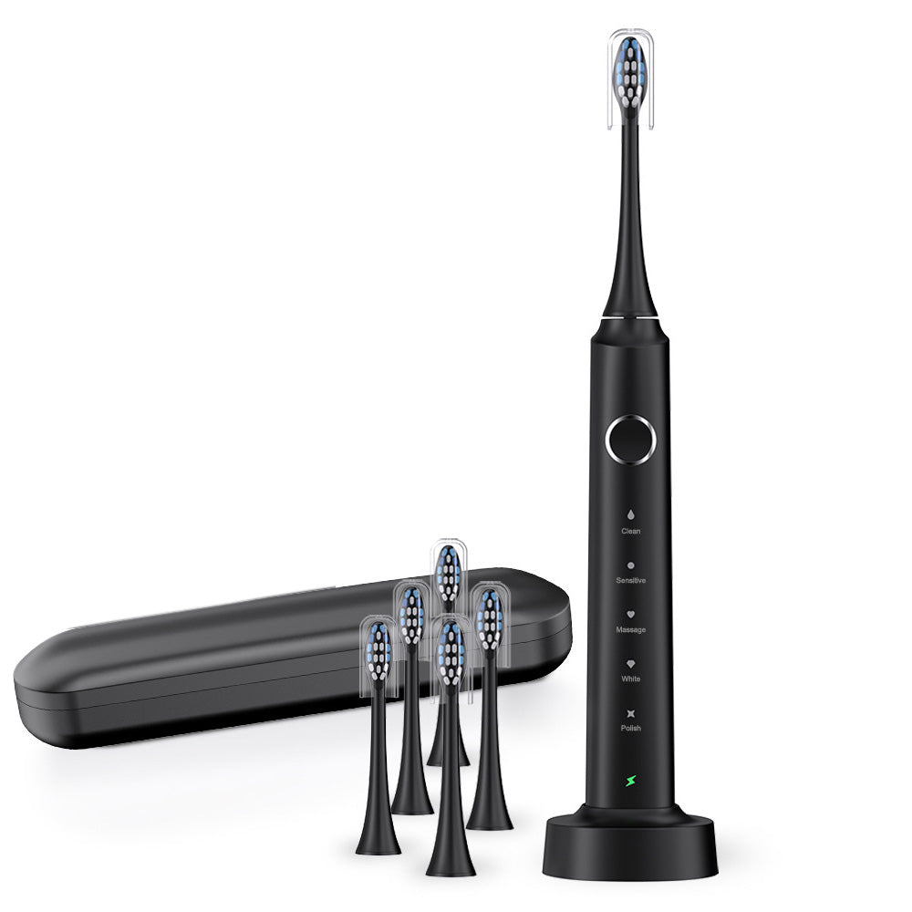 5-Mode Electric Toothbrush with Timer Travel Sonic Toothbrush with 6 Replacement Heads Black