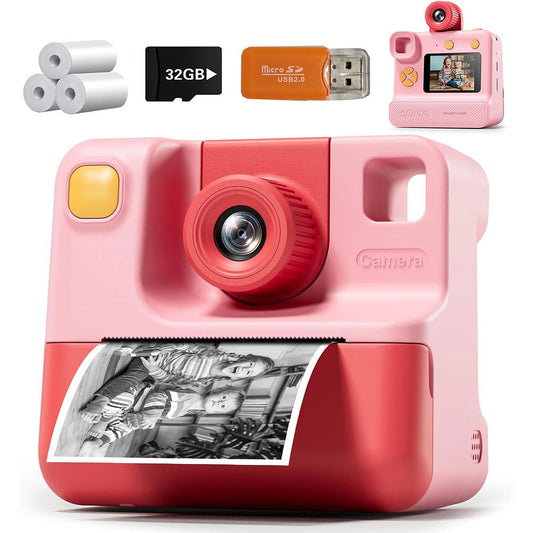 1080P Kids Instant Print Camera Digital Video Cameras with Print Papers and 32GB TF Card Pink