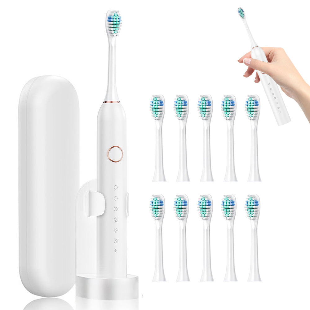 6-Mode Electric Toothbrush with 10 Brush Heads Rechargeable  Toothbrush Set for Home Travel White