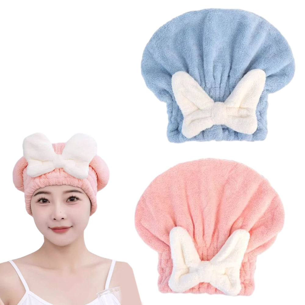 2Pcs Set Quick Absorbent Drying Hair Caps with Bow-Knot Hair Turban Wrap for Women Style 2