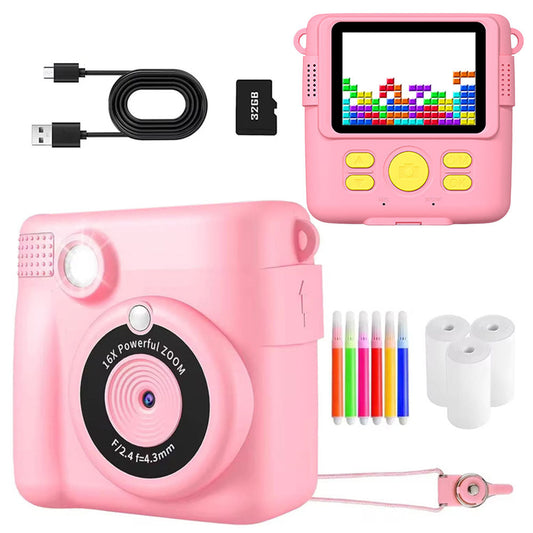 1080P Instant Print Camera for Kids Digital Video Camera with 32GB TF Card Christmas Birthday Present Pink