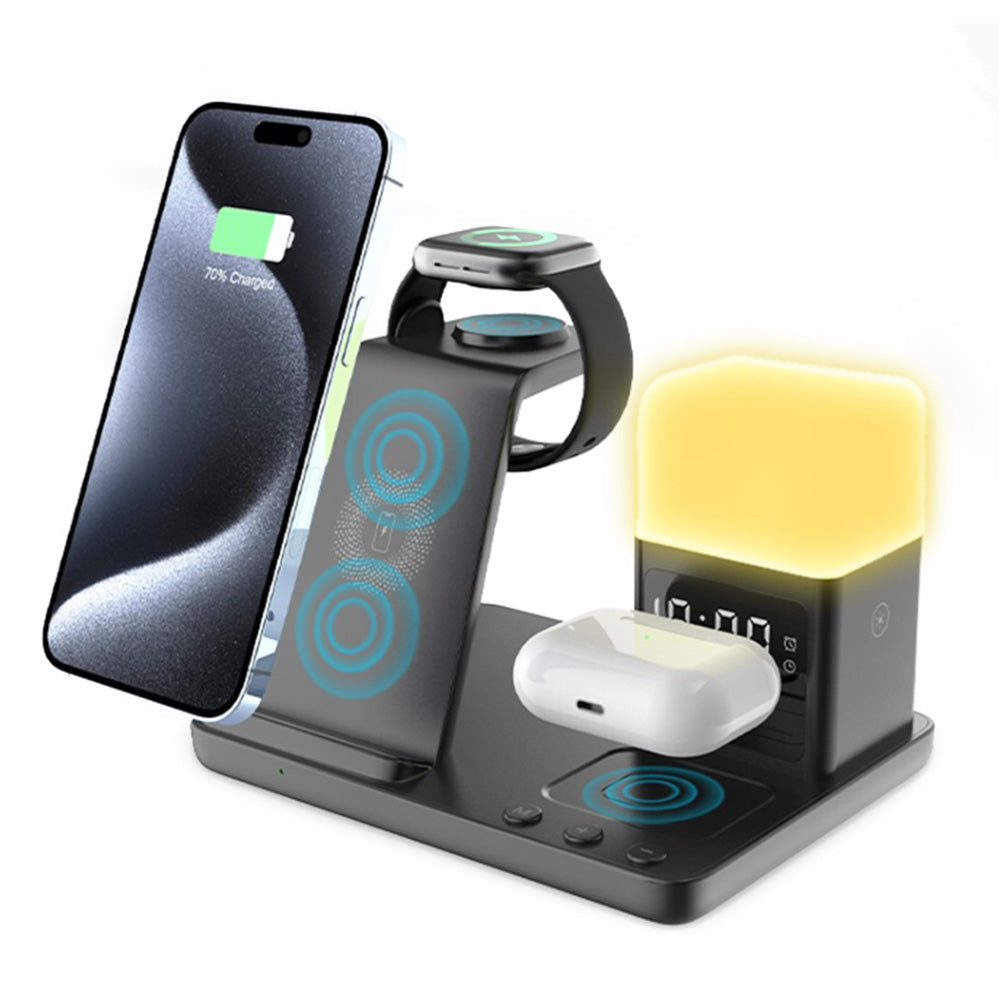 6-in-1 Wireless Charging Station for Multiple Devices with Alarm Clock and Night Light for Apple Devices