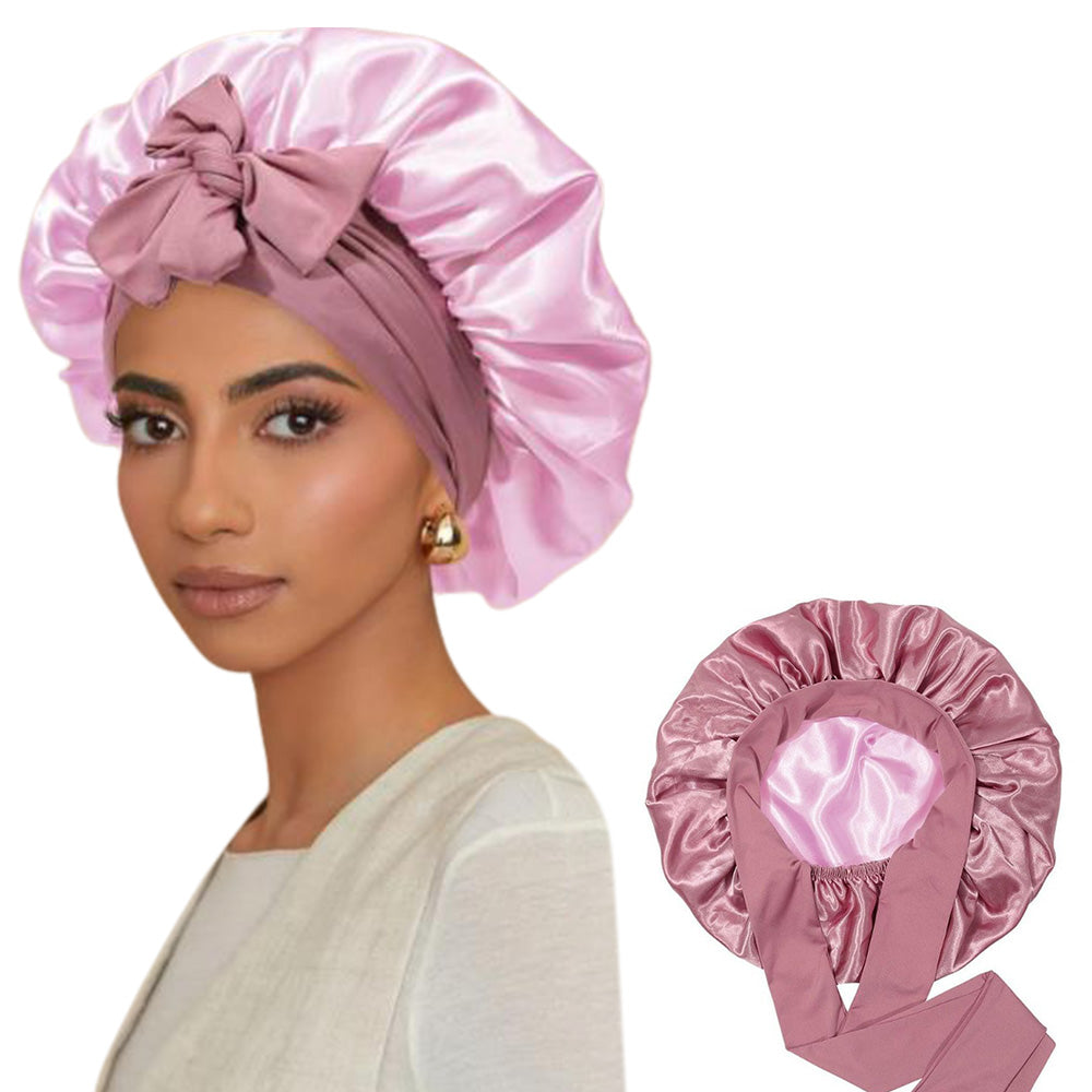 Satin Night Sleep Cap for Women Hair Bonnet with Elastic Band Pink