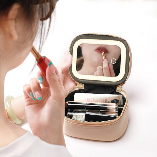 Compact Makeup Bag Travel Case with Mirror and Adjustable Light Stylish for Travel Beige