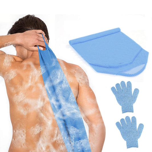 Exfoliating Shower Bath Gloves Back Scrubber Set for Body Face Dead Skin Removing Blue