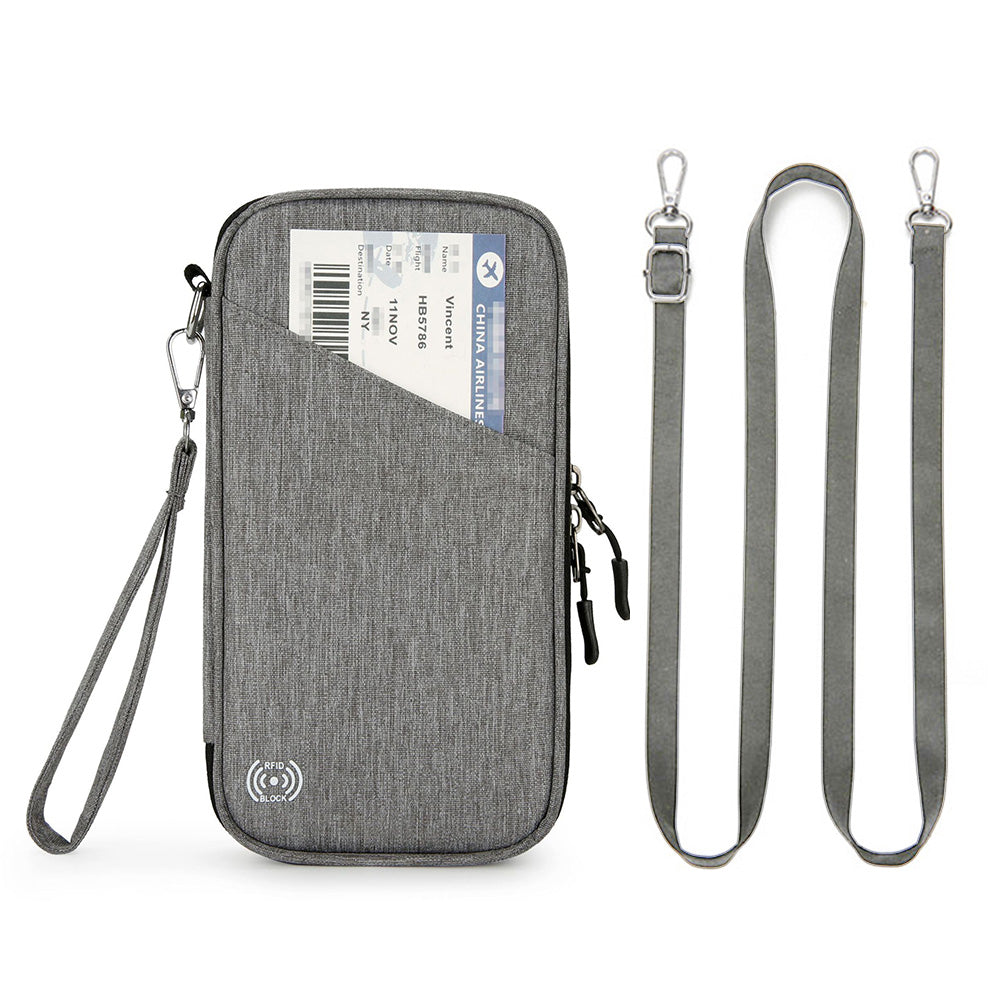 RFID Blocking Passport Holder Family Travel Card Organizer With Zipper Grey