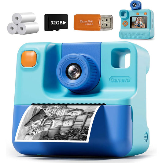 1080P Kids Instant Print Camera Digital Video Cameras with Print Papers and 32GB TF Card Blue
