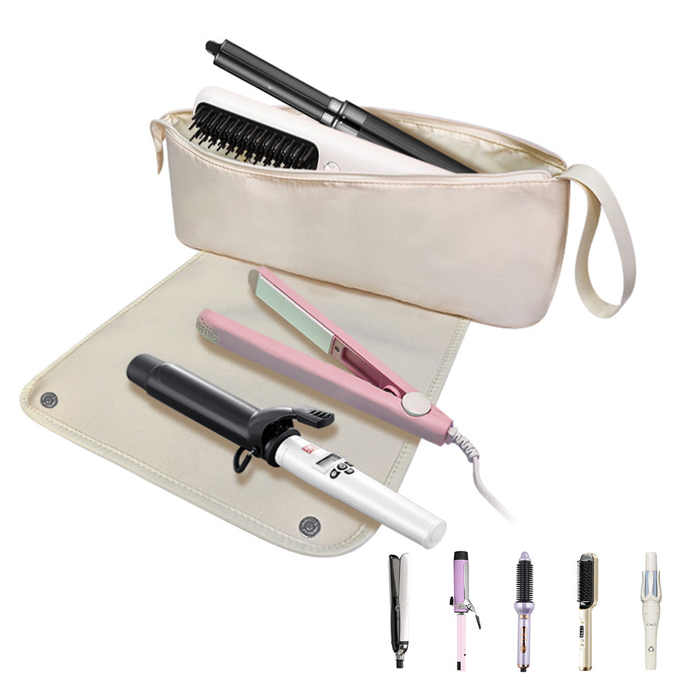 Portable Hair Tools Organizer Travel Bag withHeat Resistant Mat for Flat Irons Hair Straighteners Beige
