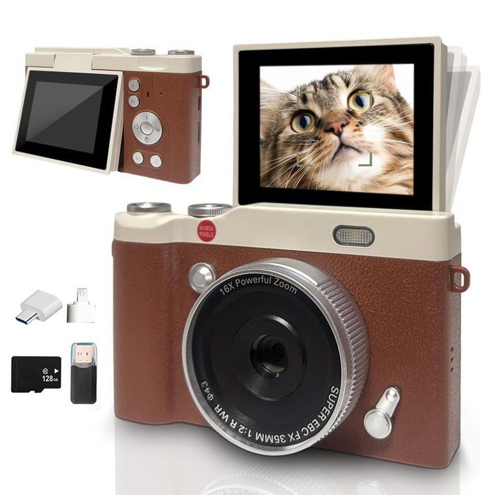 4K 64MP Vlogging Camera with Flip Screen & 16X Digital Zoom Brown