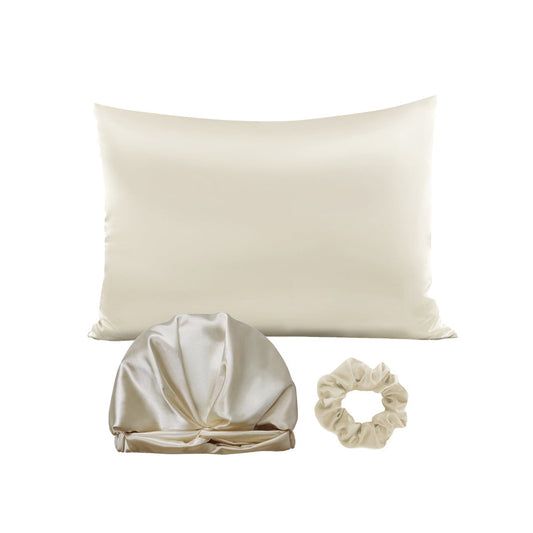 Simulated Silk Standard Pillow Case with Sleeping Bonnet Hair Scrunchy for Hair and Skin Protection Beige