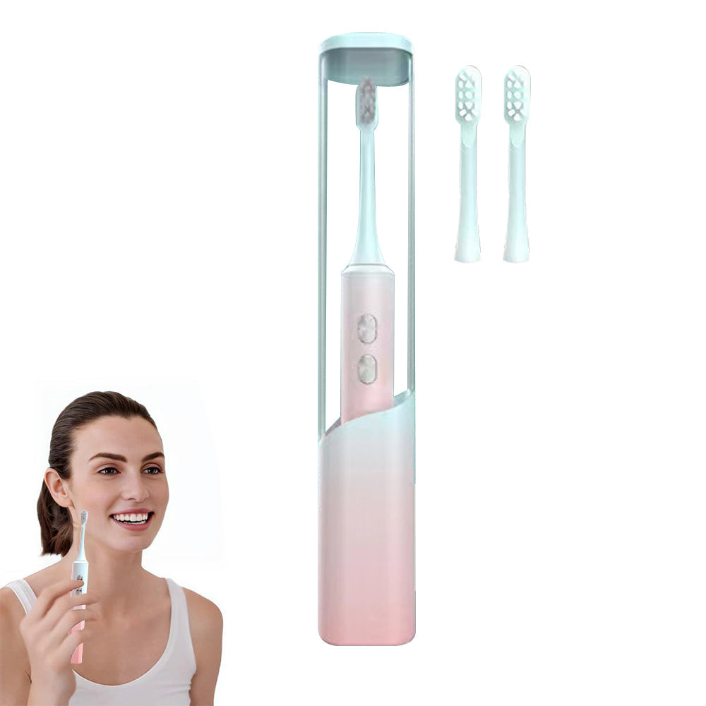 Travel Electric Toothbrush Self-Cleaning Vibration Toothbrush with 2Pcs Replacement Brush Head and Disinfection Storage Case Pink Green Gradient