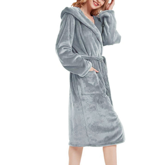 Warm Hooded Bathrobe Long Cozy Spa Hoodie Robes for Ladies Gray