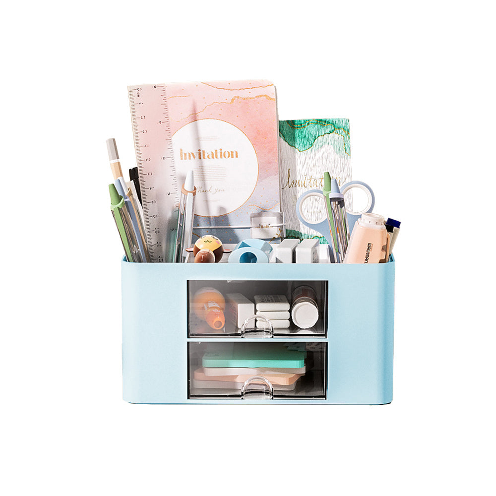 Multi-Functional Pen Organizer with 2 Drawer Office Art Supplies Holder for Desk Blue